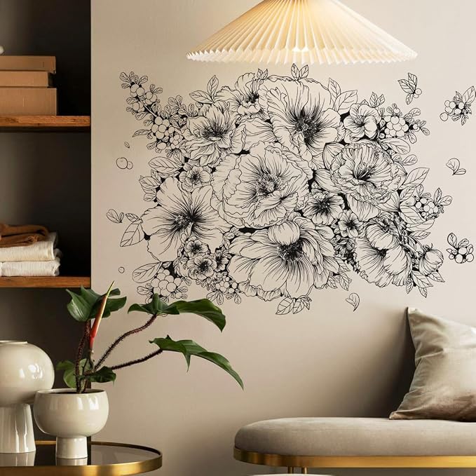 Runtoo Large Black and White Flower Wall Art Decals Boho Floral Wall Stickers for Bedroom Living Room Office Adult Home Decor - Image 2