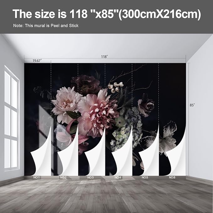 Black Peony Floral wall murals Peel and Stick self Adhesive Flowers Wallpaper for Bedroom Living Room - 85"x118" - Image 2