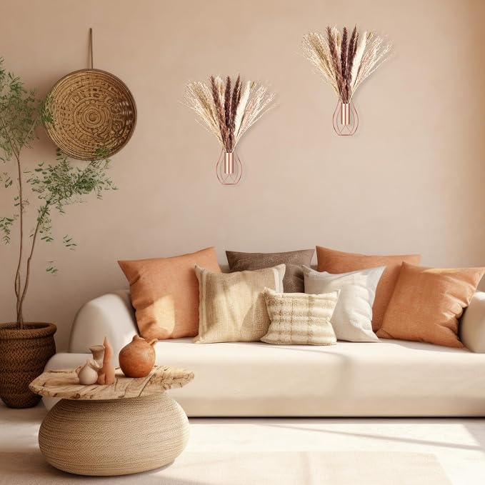Otoolling Boho Wall Decor Set of 2 – Metal Hanging Wall Art with Faux Pampas or Eucalyptus,Minimalist Bohemian Accent for Living Room, Bedroom, Entryway(Rose Gold,Pampas) - Image 6