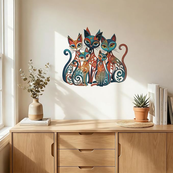 Wesiti Cat Wall Art Metal Sculpture Colorful Mid Century 13.58x12.40 | Retro Iron Sculpture for Cat Lovers, Home Living Room Bedroom Kitchen Office Wall Decor, Timeless Design - Image 3