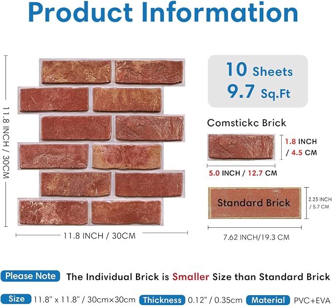 COMSTICKC 3D Faux Brick Wall Panels Peel and Stick, 10 Pcs 11.8" x 11.8" | Red, Not Real Brick, Ultra-Light Thin PVC Fake Brick Backsplsh Sticker Wall Covering for DIY Interior Decor - Image 5