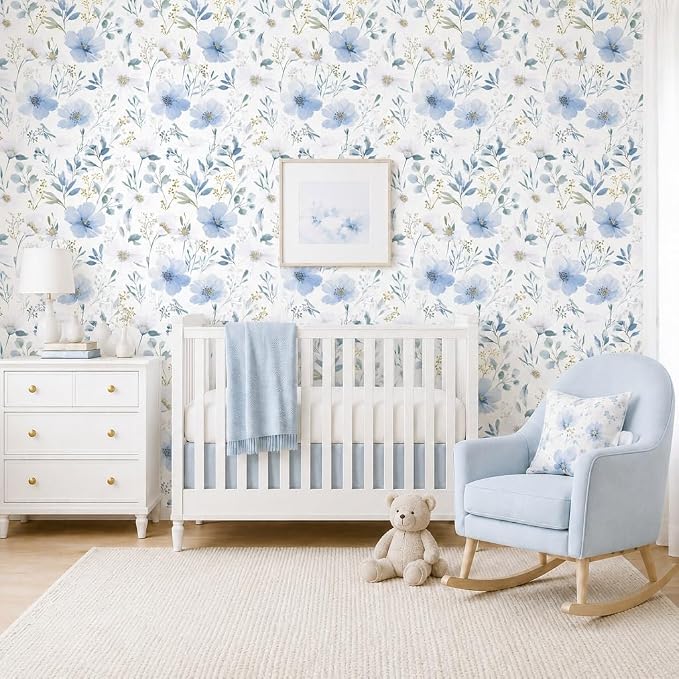 Light Blue Floral Peel and Stick Wallpaper, 17.7in x 118in | Self-adhesive and removable watercolor flower design for bedroom, living room, and accent wall - Image 7