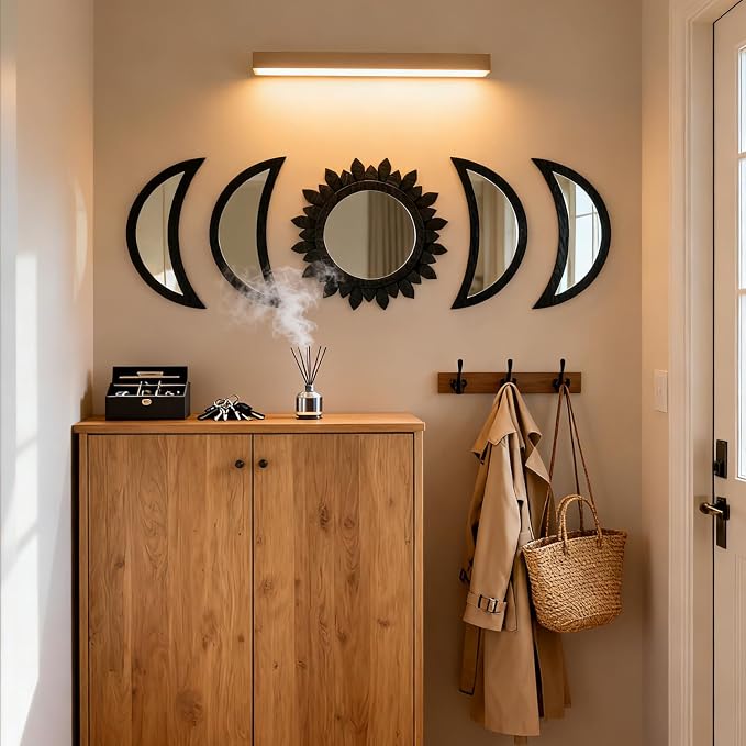 5 Pieces Moon Phase Mirror Wall-Mounted Wall Decor Mirrors Natural Wooden Sunburst Bohemian Wall Art for Home Living Room Bedroom Decoration - Image 7