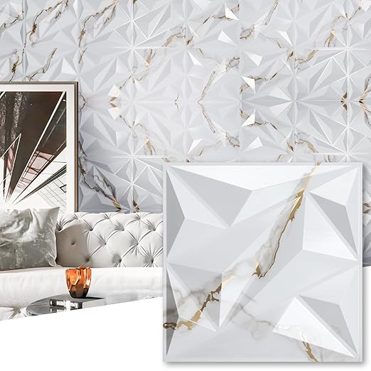 Art3dwallpanels 33 Pack 3D Wall Panel Diamond for Interior Wall Décor, PVC Textured Wall Panels, 12''x12'' Cover 32.Sq.Ft. Gold Veined White | PVC Accent Wall Panels for Interior Wall Decor, Living Room Lobby Bedroom Hotel Office by Art3dwallpanels