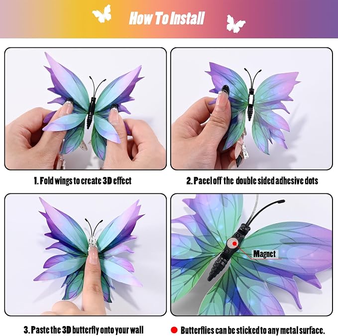 SAOROPEB 3D Butterfly Wall Decor, 24 Pcs Fairy Butterfly Decorations | Double Layer for Party Decorations Locker Decor Refrigerator Decal, Reusable - Image 7