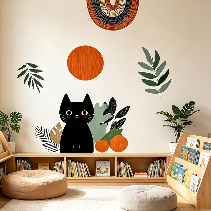 Boho Black Cat Botanical Abstract Wall Decal Modern Home Room Decor Sticker | Peel and stick removable boho cat wall art, geometric plant design, renter-friendly no-residue decor for bedroom, nursery by VePret