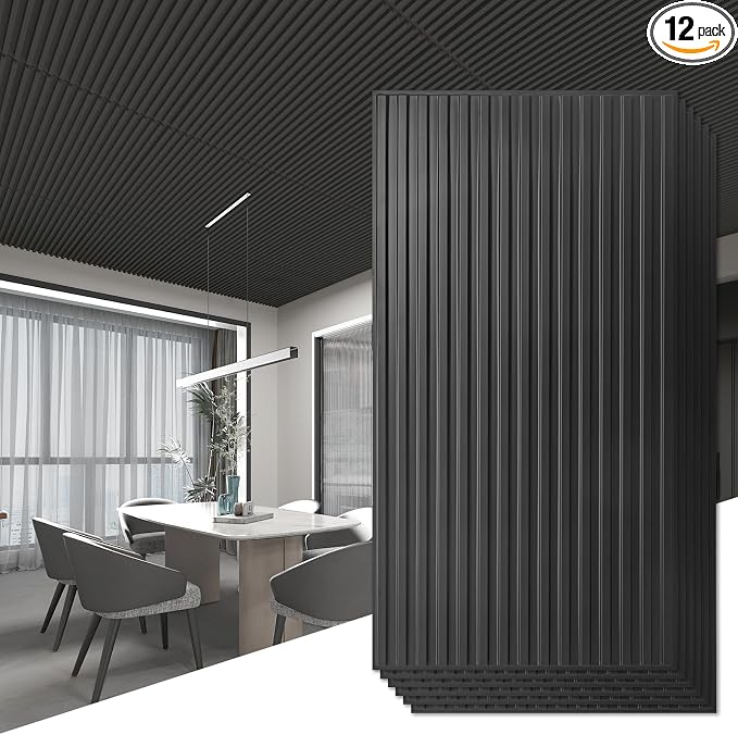 Art3d Fluted Slat 3D Wall Panels, Drop Ceiling Tiles, 12-Pack, Black | 24" x 48" , Lightweight, Break-Proof, Compatible with Grid System, Ideal for Home, Commercial Spaces by Art3d