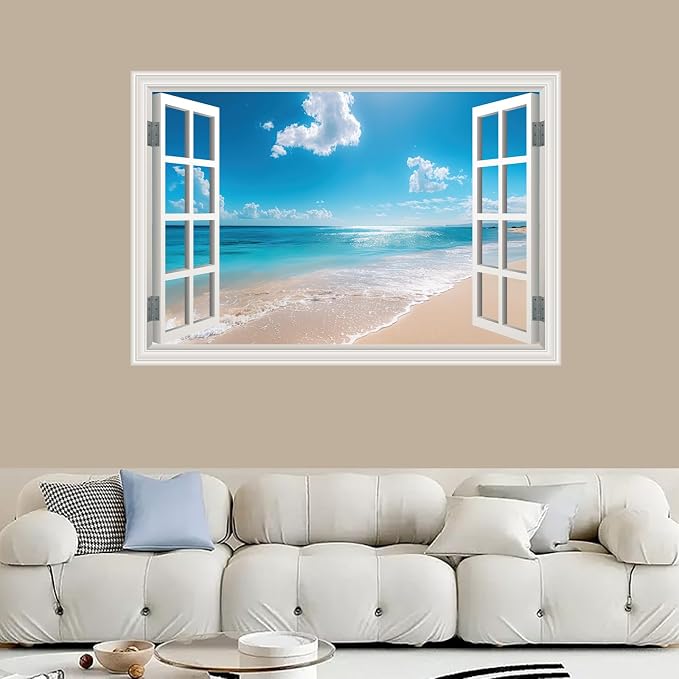 Fake Window Poster Wall Art Sticker - Summer Beach Faux Window Wall Mural for Wall Decor, Stick and Peel Wall Decals, 24" x 16" - Image 7