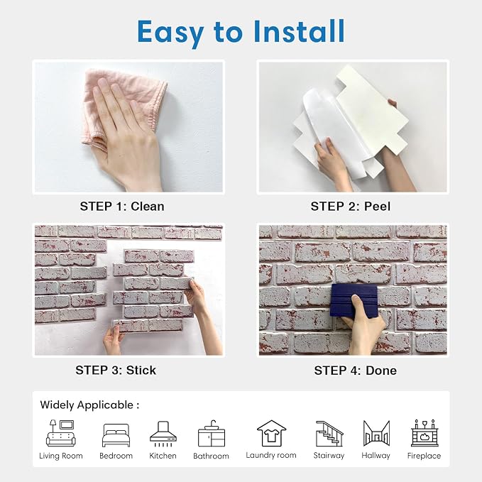 COMSTICKC 3D Faux Brick Wall Panels Peel and Stick, 10 Pcs 11.8" x 11.8" | Whitewash, Not Real Brick, Small Size, Ultra-Light PVC Sticker, Fake Brick Decorative Tiles for DIY Decor, Cover 9.7 sq ft - Image 9