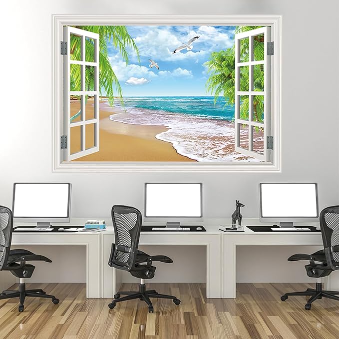 Fake Window Wall Decal- Summer Beach Ocean Coconut Trees Open Wall Sticker | Faux Window Natural Scenery Landscape Art Mural｜Stick and Peel Wall Decals｜for Room Bedroom Office Scene Picture Decor｜24"x16 - Image 8