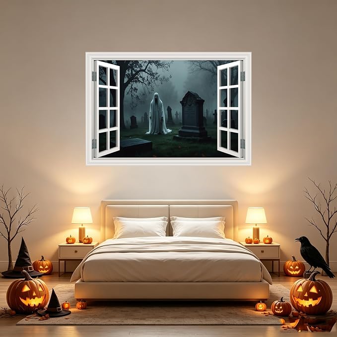 Halloween Fake Window Wall Decals Scary Cemetery Terror Art Poster Sticker | ｜Faux Window Terror Spooky Ghosts Mural ｜ Stick and Peel Wall Decal｜for Halloween Home Scene Decor｜24"x16" - Image 6