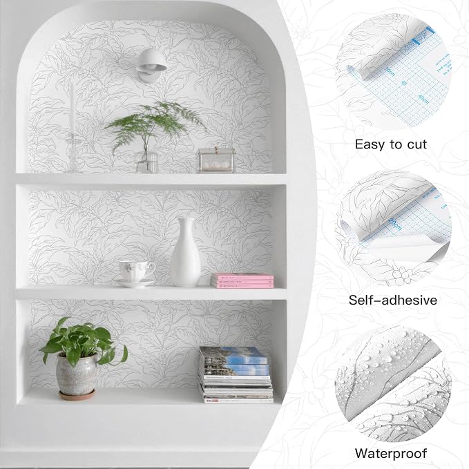 Heroad 17.3"x393" Peel and Stick Wallpaper Grey and White Wall Paper Boho Leaf Contact Paper Abstract Floral Removable Self-Adhesive Wallpaper for Bedroom Bathroom Cabinet Waterproof Decor Vinyl Roll - Image 2
