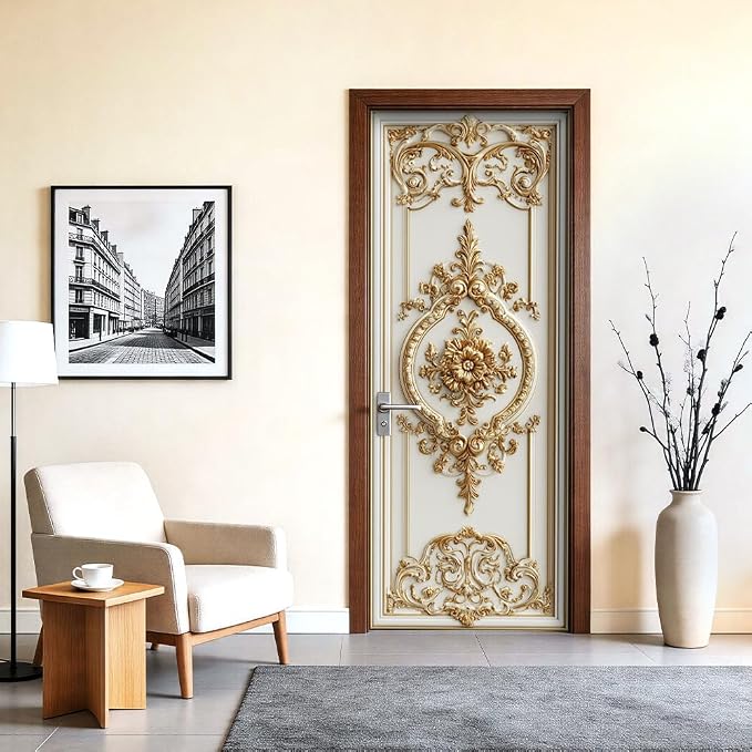 Baroque Door Mural, Gold Ornamental Floral Medallion Door Cover | Waterproof PVC, 30.3" W x 78.7" L; gold baroque design for entryway, bedroom, living room, office or closet doors. - Image 2
