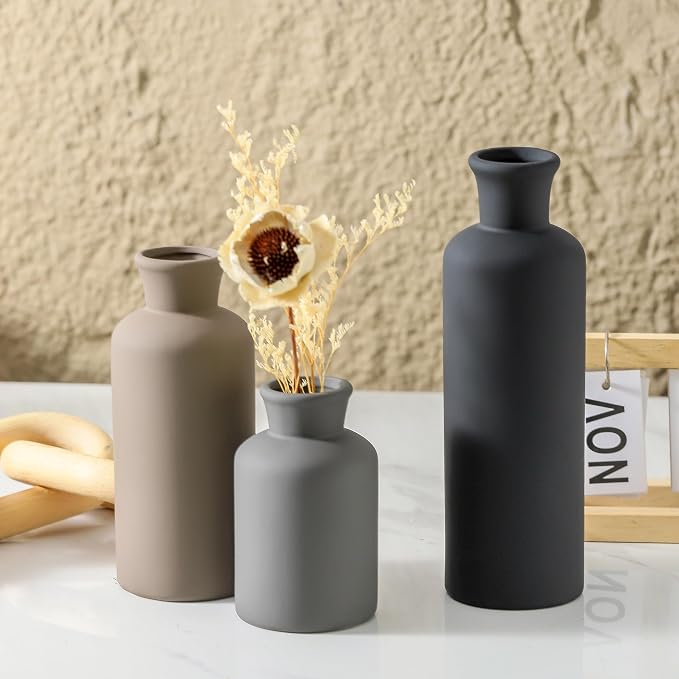 Ceramic Vase Set of 3, Neutral Vases Home Decor Rustic Farmhouse Decor Vase Terra Cotta Pottery Vases for Bouquet Pampas Grass Dried Fresh Flowers Living Room Kitchen Bedroom Bathroom - Multicolor - Image 2