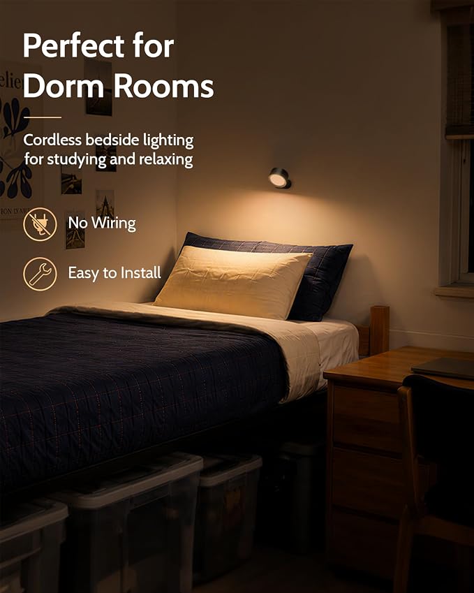 LED Wall Mounted Lights, Rechargeable Wall Sconces, 3 Color Temps, Remote & Touch, 360° Rotating and Dimmable for Bedroom, Bedside & Reading (Black, 3 Pack) - Image 4