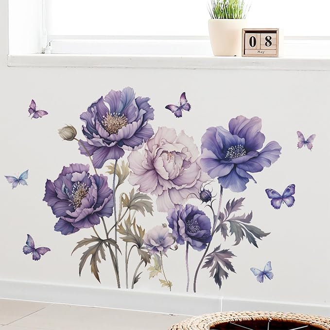 TUOKING Purple Flowers Wall Stickers Removable Butterfly Wall Murals | Peel and Stick Vinyl Wall Art Decal Home Decor for Kitchen,Bedroom,Living Room(fun-c16) - Image 6