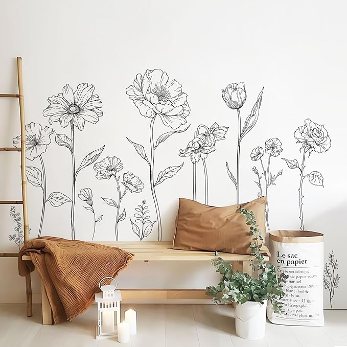 Large Black Boho Flower Wall Decals, 3 Sheets Simple Sketch Floral Wall Stickers Peony Wildflower Peel Stick Wall Art Decor Bedroom Home Room Office Garden Hall Adult Gifts for Mom(11.8x35.4 in/Sheet) - Image 5