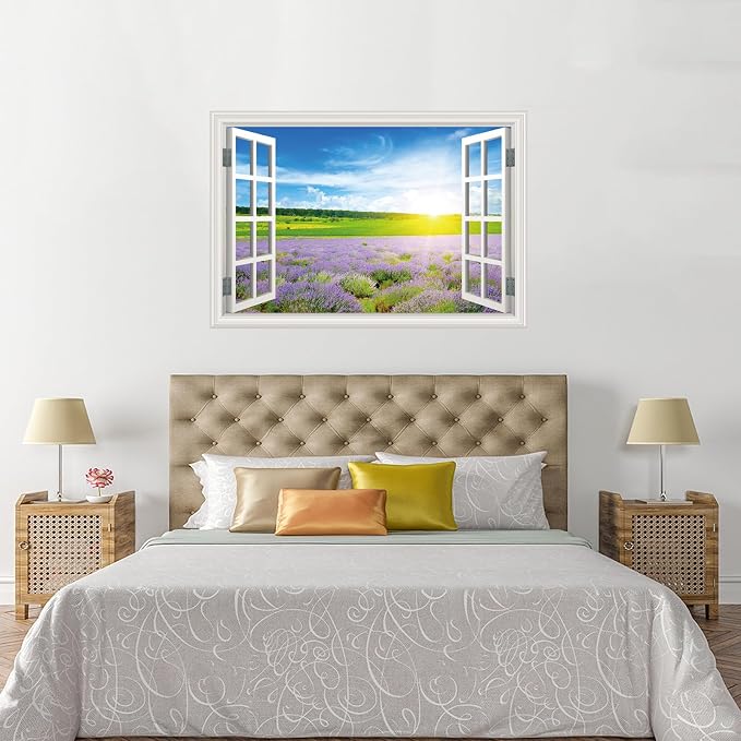Fake Window Wall Decal- Summer Grassland Lavender Flower Open Wall Sticker | Faux Window Natural Scenery Landscape Mural｜Stick and Peel Wall Decals｜for Room Office Scene Decor｜48"x32",Set of 2 Sheets - Image 5