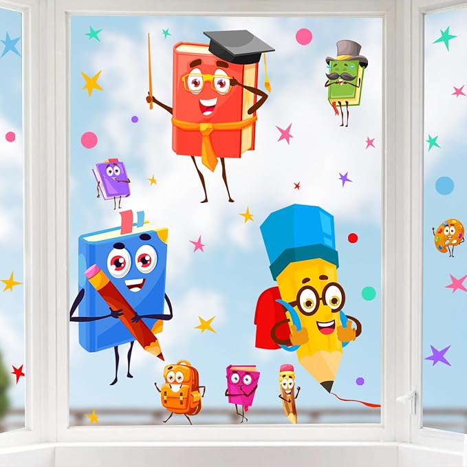 Cartoon Book Window Clings Colorful Double Side Kids Stickers for Classroom | Non-adhesive back to school stickers for glass funny static clings decoration pencil decals for nursery playroom door library - Image 6