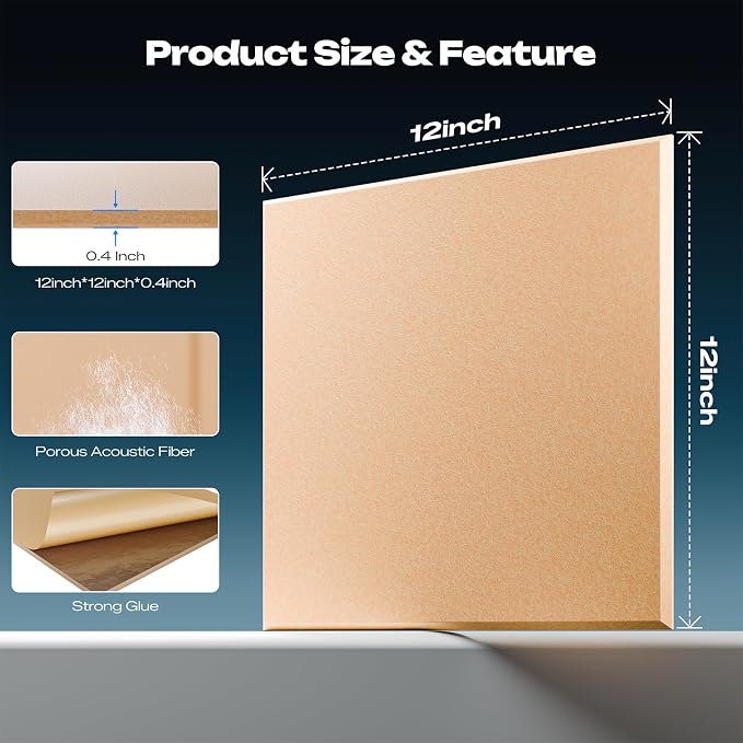 Sonicism 12 Pack Acoustic Wall Panels with Self-Adhesive, 12" X 12" X 0.4" Sound Proof Foam Panels, Decorative Soundproof Wall Panels, Sound Proof Absorbing Tiles for Home & Offices, Pale Apricot - Image 4