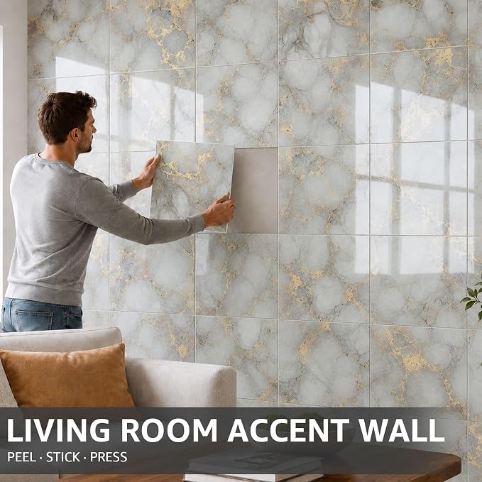 WADILE 20PC Waterproof Peel and Stick Wall Panels 11.8 x 11.8 Gold | Marble look, Self adhesive, PVC Panels, Lightweight Foam Wall Panels, Bathroom, Kitchen, Not Real Tile - Image 8