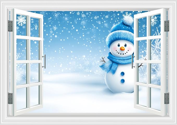 Fake Window Wall Decal- Winter Christmas Blue Snowman Snowflakes Sticker | ｜Faux Window Natural Scenery Landscape Mural ｜ Stick and Peel Wall Decal｜Room Bedroom Office Decor｜48"x32",Set of 2 Sheets by Clickhere