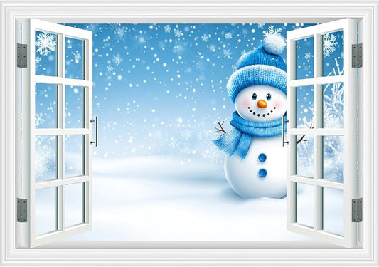 Fake Window Wall Decal- Winter Christmas Blue Snowman Snowflakes Sticker | ｜Faux Window Natural Scenery Landscape Mural ｜ Stick and Peel Wall Decal｜Room Bedroom Office Decor｜48"x32",Set of 2 Sheets by Clickhere