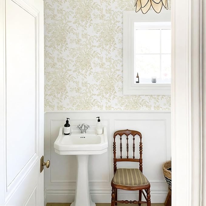 Heroad Floral Peel and Stick Wallpaper Boho Beige Contact Paper Toile Leaf Wall Paper Removable Self Adhesive Stick on Wallpaper for Nursery Bathroom Bedroom Renter Friendly Vinyl Roll 17.3''X78.7'' - Image 3
