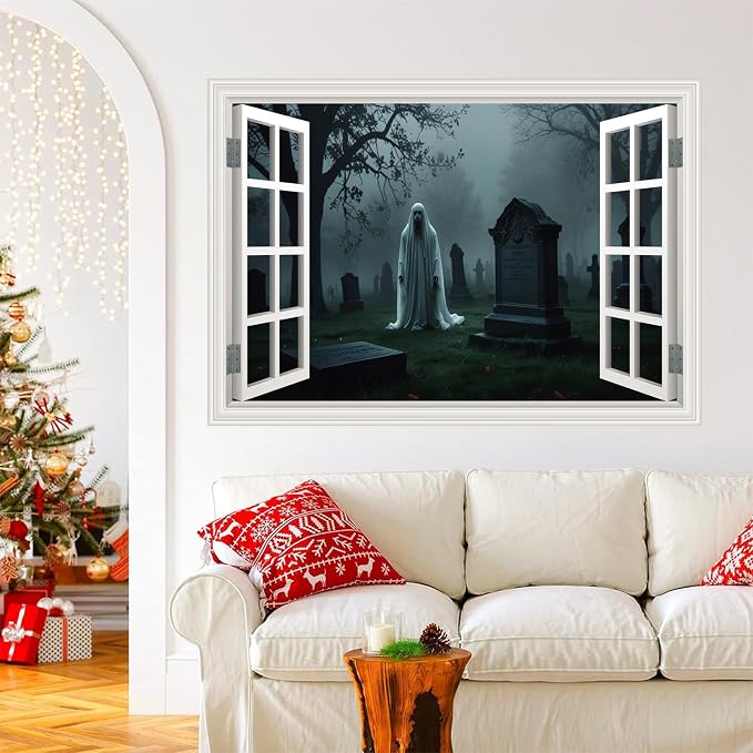 Halloween Fake Window Wall Decals Scary Cemetery Terror Art Poster Sticker | ｜Faux Window Terror Spooky Ghosts Mural ｜ Stick and Peel Wall Decal｜for Halloween Home Scene Decor｜24"x16" - Image 9
