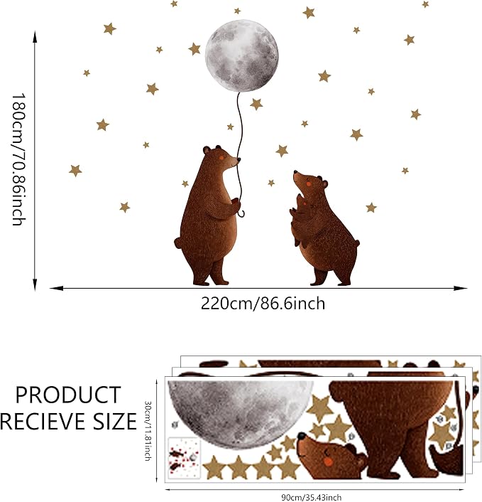 Animals Bear Wall Decal, Peel and Stick Nursery Animals Mural,Bears Stars and Moon Wall Stickers for Kids, Boys and Girls Room, Bedroom & Toddler Room Decor (Bear Stars and Moon Wall Decor) - Image 2