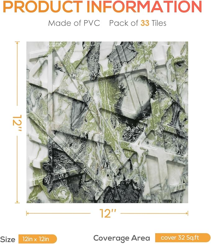 LEVOWAY 33 Pack 3D Wall Panels for Interior Wall Decor, 12''x12'' Ice Green Marble Effect Accent Textured Wall Panels, Wall Covering Panles for Living Room, Gaming Room, TV Background, Cover 32 Sq.Ft - Image 5