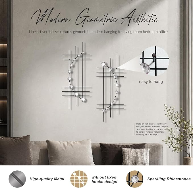 ZEXUIRU 2 Pcs Abstract Metal Art for Wall Decor Living Room Bedroom Bathroom Office Metal Bling Modern Geometric Hanging Vertical Small Iron Sculpture Plaque Pack -Black 24in - Image 4