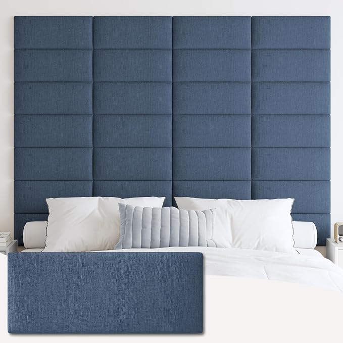 IFNOW Wall Mounted Headboard, Peel and Stick Panels, Blue, Queen | 3D Soundproof Acoustic Padding, Reusable and Removable, Tufted fabric Bed Headboard, for bedroom (9 Panels, 10" x 24") by IFNOW