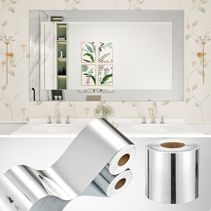 WESTICK Metallic Mirror Tape Border Roll 394" x 4" Peel and Stick Mirror Frame Border Waterproof Bathroom Silver Wallpaper Borders Removable Glossy Chrome Vinyl Film for Decor Bedroom Classroom by WESTICK