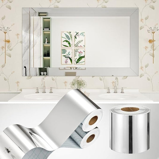 WESTICK Metallic Mirror Tape Border Roll 394" x 4" Peel and Stick Mirror Frame Border Waterproof Bathroom Silver Wallpaper Borders Removable Glossy Chrome Vinyl Film for Decor Bedroom Classroom by WESTICK