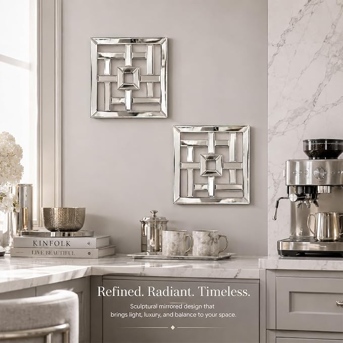 Square Decorative Wall Mirror 12 x 12 Inch, Silver Frameless Mirror Wall Decor with Beveled Edge, Modern Wall Mounted Accent Mirror for Living Room, Bedroom, Hallway, Set of 2 - Image 4