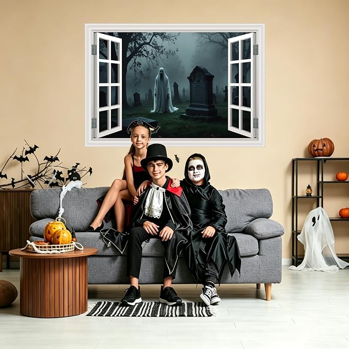Halloween Fake Window Wall Decals Scary Cemetery Terror Art Poster Sticker | ｜Faux Window Terror Spooky Ghosts Mural ｜ Stick and Peel Wall Decal｜for Halloween Home Scene Decor｜48"x32",Set of 2 Sheets - Image 3