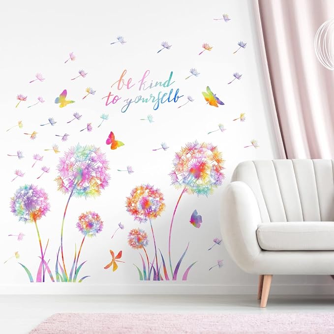 Large Dandelion Wall Decals Colorful Flower Art Stickers Peel and Sticks | wall stickers, floral dragonfly butterfly decor, removable vinyl, inspirational quotes, for kids girl bedroom living room - Image 9