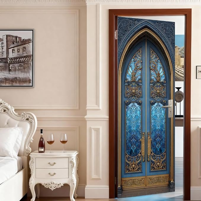 Gothic Door Mural, Blue Stained Glass Ornate Door Cover | Waterproof PVC, 30.3" W x 78.7" L; blue gothic glass design for entryway, bedroom, hallway, office or closet doors. - Image 2