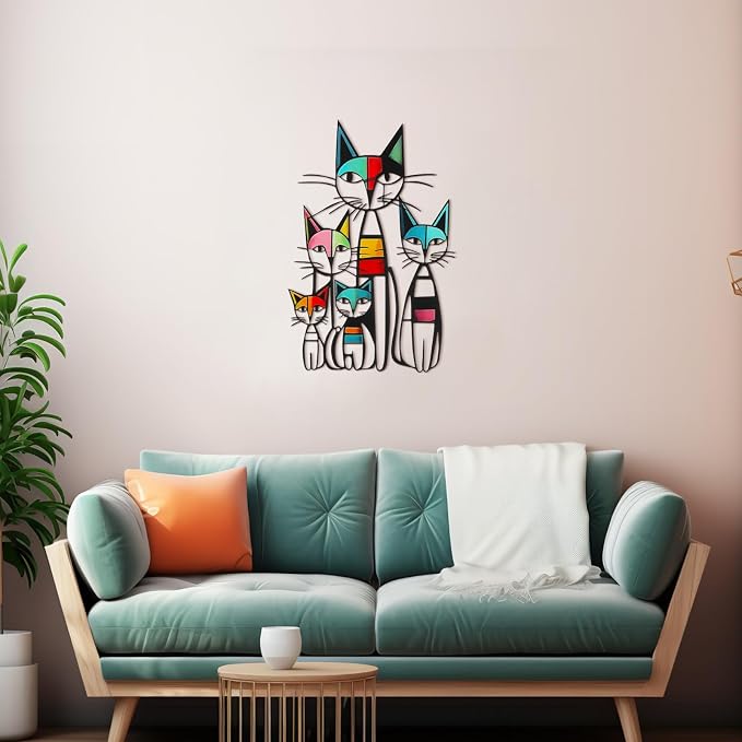Wesiti Metal Cat Wall Art, Colorful Mid Century Iron Sculpture 10.6x15.7 | Black Metal Frame, Geometric Cats, Ideal for Room Decor, Living Room Bedroom Kitchen Office, Cat Lover Gift Pictures - Image 5
