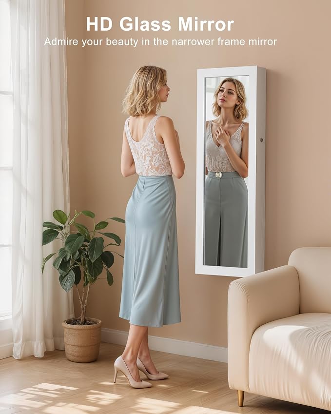 Nicetree 6 LEDs Mirror Jewelry Cabinet, Jewelry Organizer with Full Length Mirror, Wall/Door Mounted Jewelry Organizer, Full Length Mirror with Storge (Textured White) - Image 2