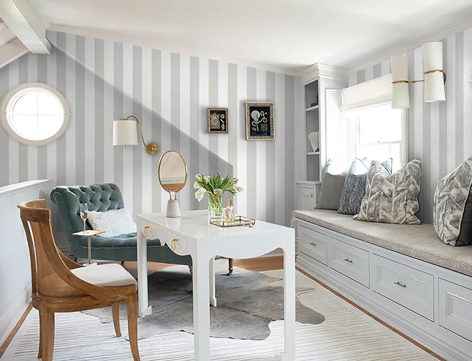 Guvana 17.7"x118" Grey and White Wallpaper Striped Peel and Stick Wallpaper Gray Self-Adhesive Contact Paper Modern Removable Wall Paper for Bedroom Wall Covering - Image 3