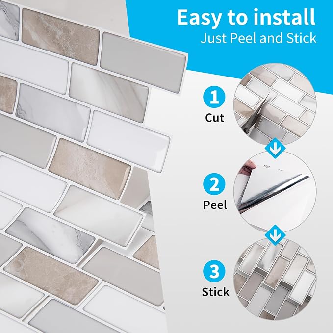 Art3d 10-Pack Marble Peel and Stick Backsplash, 12 x 12 in, Beige & White | Strong Adhesion, Lightweight, Cuttable, Waterproof, Fadeless, Crack Resistant, for Kitchen, Bedroom, Ideal for Recently Moved - Image 7