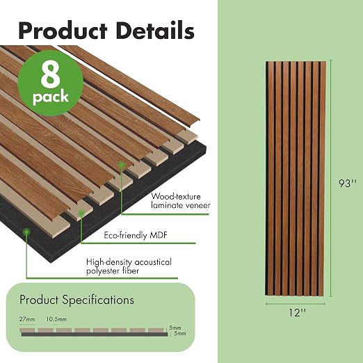 Art3d 8-Pack 12" x 93" Soundproof Wood Slat Panels, 62 sq.ft Acoustic Wall Panels, 3D Wall Panels with Wood Slat Design, Decorative Wood Wall Panel for Accent Walls-Walnut - Image 3