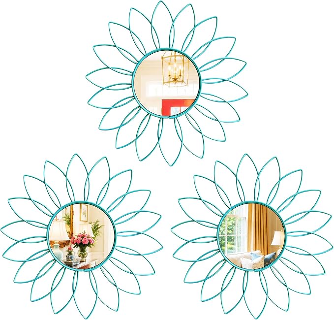 3 Pack Metal Mirrors for Wall Sunburst Wall Mirrors Home Décor Decorative Hanging Wall Art for Living Room Bedroom Entryway (Greenish Blue, Flowers) by Uaussi