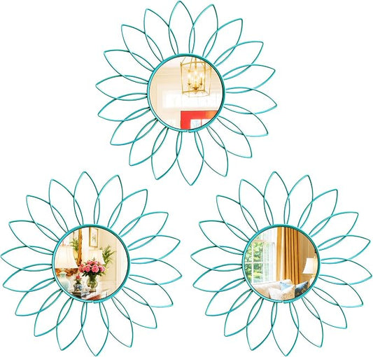 3 Pack Metal Mirrors for Wall Sunburst Wall Mirrors Home Décor Decorative Hanging Wall Art for Living Room Bedroom Entryway (Greenish Blue, Flowers) by Uaussi