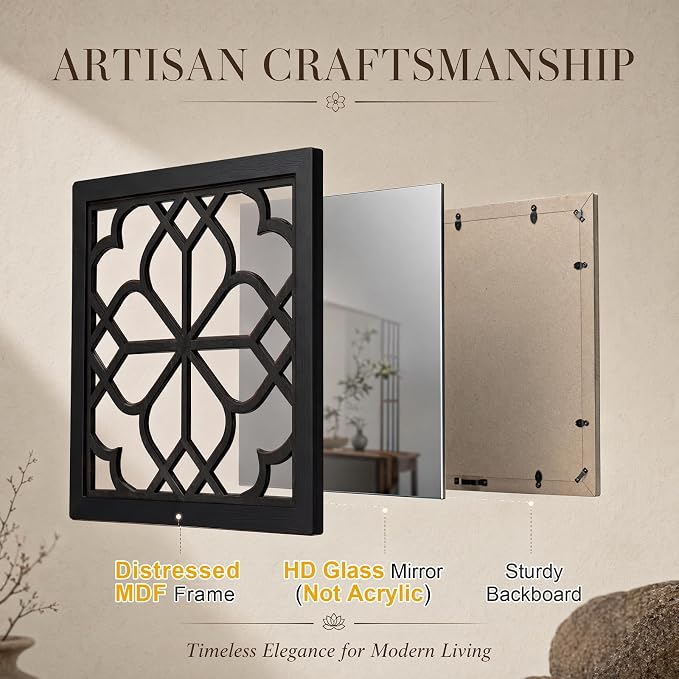 ZEXUIRU 4 Set Rustic Wall Mirrors for Bedroom Bathroom Living Room Entryway Wood Farmhouse Square Easy to Hang Framed Decorative Accent Hanging Wall-Mounted Mirror Set for Living Room - Black - Image 3