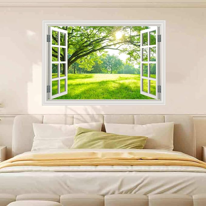 Natural Scenery Spring Green Forest Tree Scene Wall Art Poster Fake Window Wall Mural Faux Window Wall Sticker for Office Home Room Decor, Peel and Stick Wall Decals 48" x 66" Set of 4 Sheets - Image 3