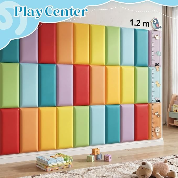 Hahafelt 48 Pack Wall Padding for Playroom Peel and Stick Headboard 15.75" x 7.87" x 1.18" 3D Anti Collision Upholstered Wall Panels Self Adhesive Headboard Panel for Protection (Rainbow Colors) - Image 6