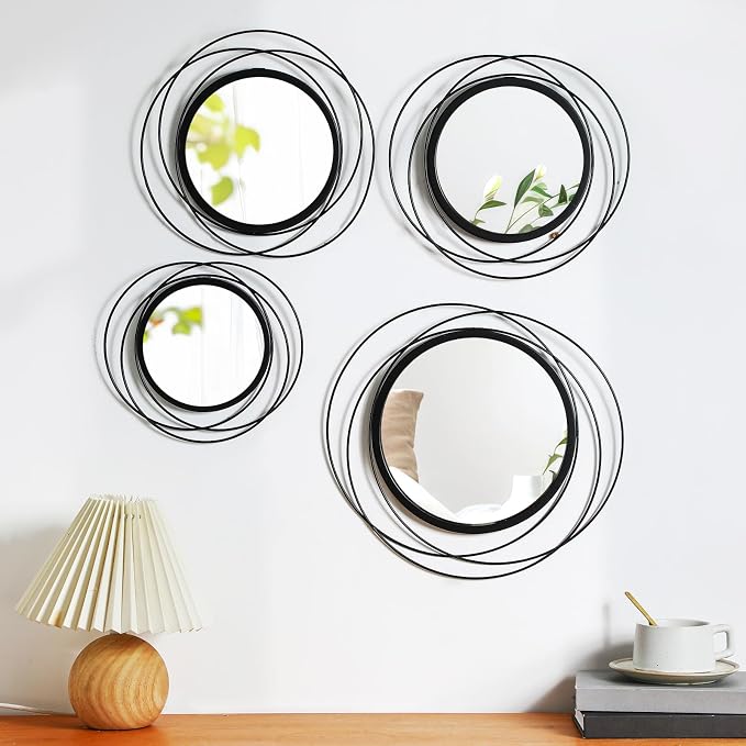 Hicarer 4 Pcs Decorative Round Modern Circle Mirror Wall Art Ring Metal Mirror Wall Mounted for Bedroom, Living Room, Entryway, Dining Room, Hallway (Black) - Image 7